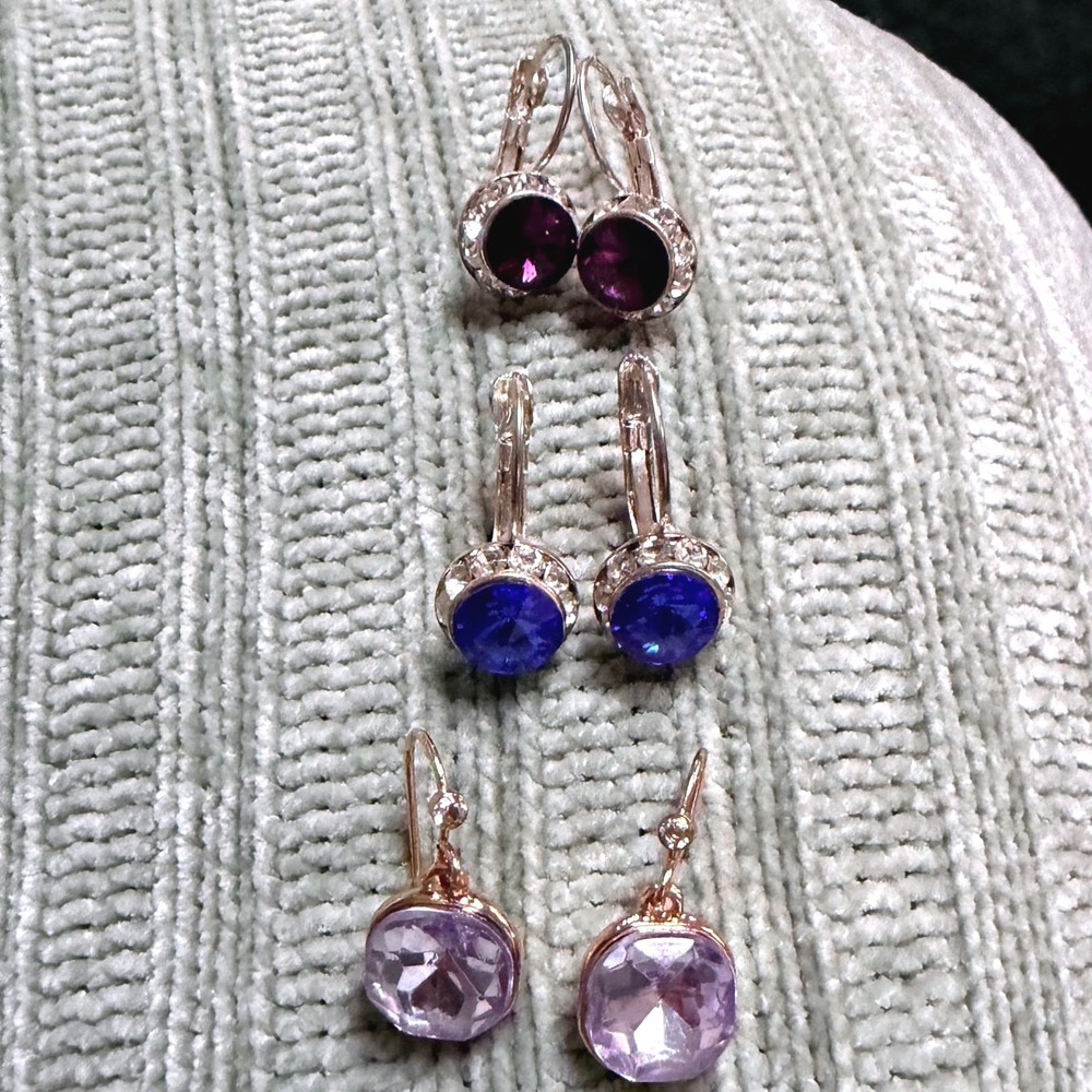 3 Pair Crystal Drop Earring Set Purple Blue Lavender Silver Rose Gold Tone
